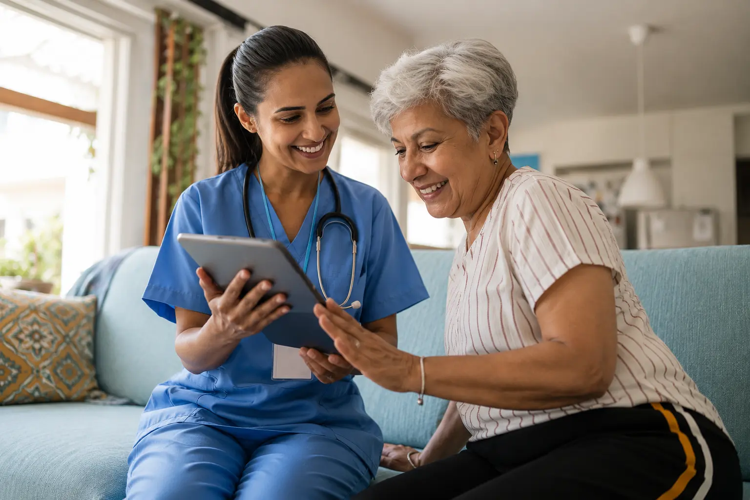 Nurse reviewing digital health report with patient
